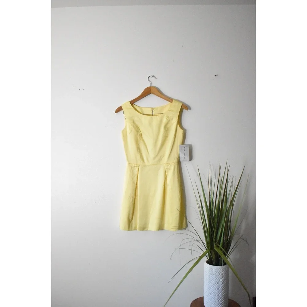 Mini Dress Womens XS Yellow 60s Mod Pleated Sleeveless Cocktail Retro - Picture 6 of 8